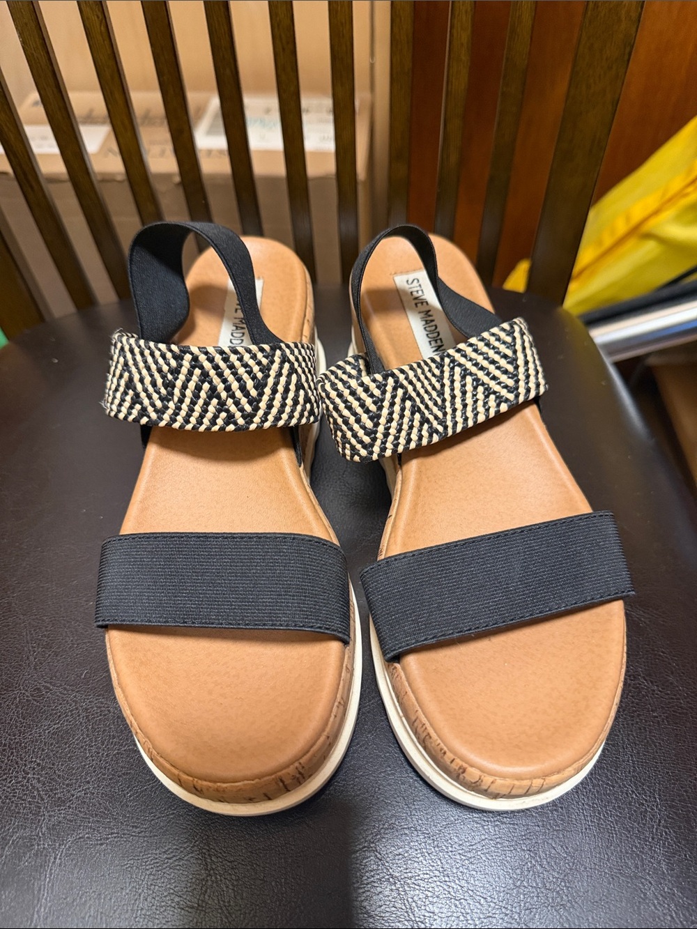 Steve Madden Black and Tan Woven Ankle-Strap Sandals